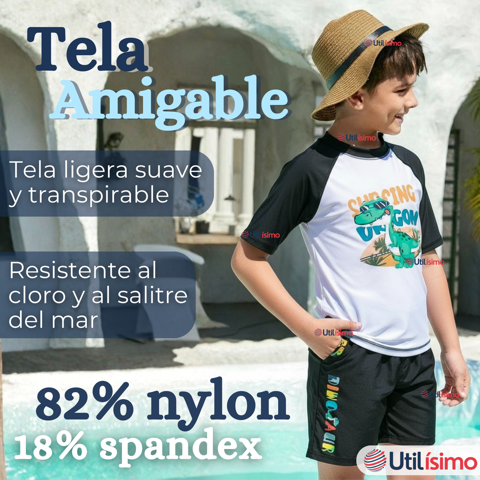 Traje de Baño Manga Corta Pantalón Corto 2 Piezas Corte Split Niño 3 a 9 años Black Dinosaur