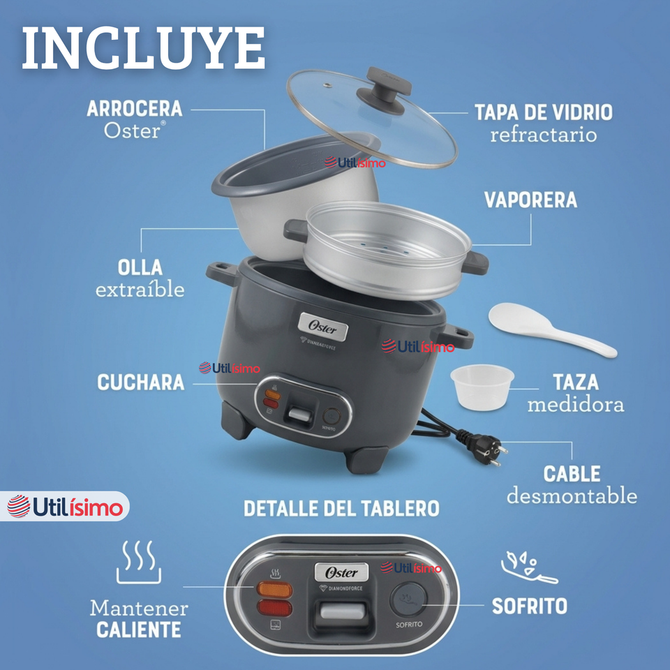 Oster Arrocera, 3 En 1, 12 Tazas Capacidad, Función Sofrito, Vaporera, Recubrimiento Antiadherente Oster DiamondForce,