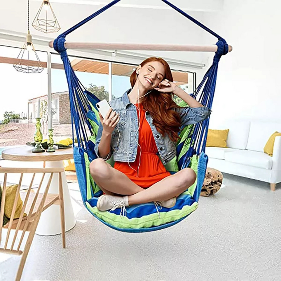 Silla Hamaca Colgante Columpio Con Dos Almohadas Para Jardin Azul Verde