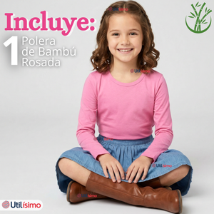 Camiseta Polera Bambú Cuello Redondo Rosado Oscuro Primera Capa Manga Larga Niña