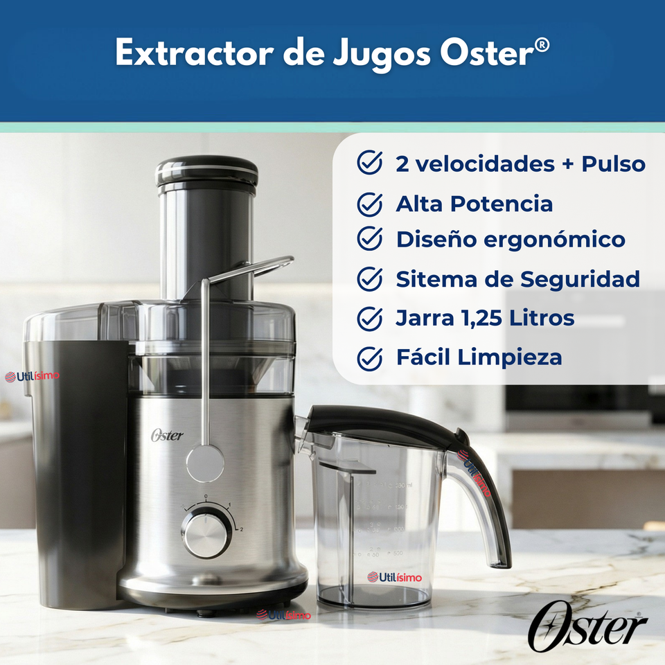 Oster® Extractor de Jugos, con 2 Velocidades + Pulso, y Fácil de Limpiar, Negro y Plateado, FPSTJE320S