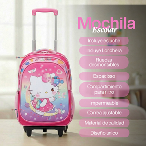 Mochila Escolar Hello Kitty Dreams Con Ruedas Desmontables + Estuche + Lonchera Niña Poliéster