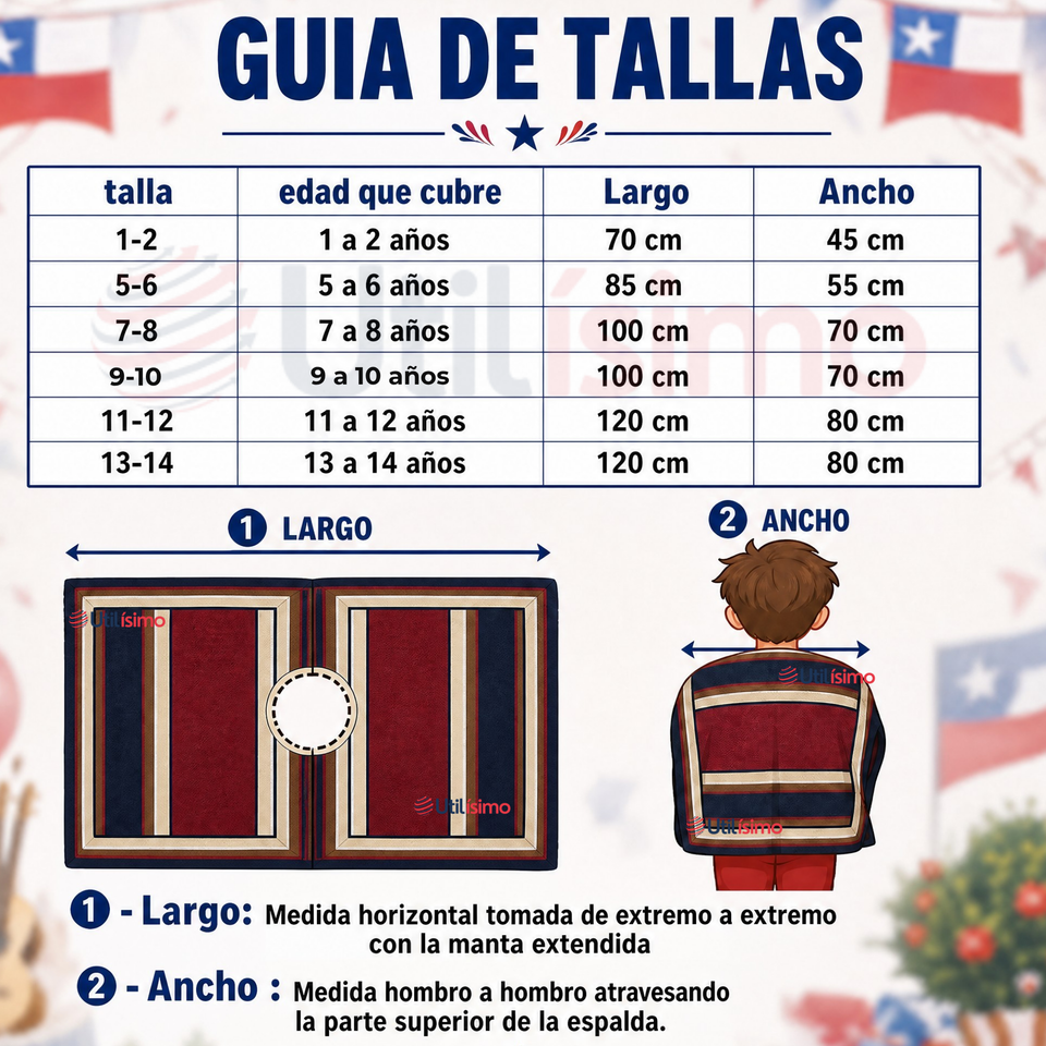 Pack 3 Mantas Poncho Huaso Niño Baile Cueca Fiestas Patrias