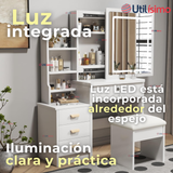 Tocador Y Taburete De Lujo Espejo Ajustable Con Luz Integrada 4 Cajones MDF Blanco 80x40x135cm