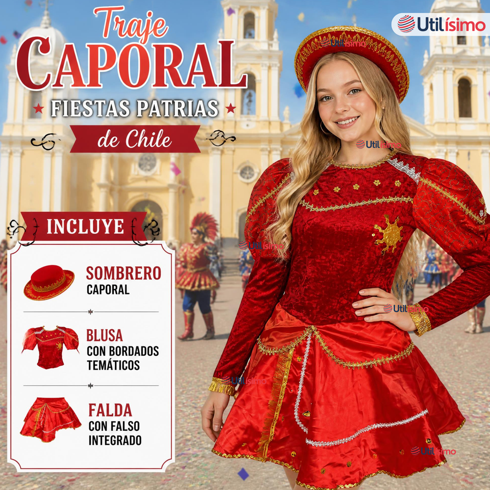 Traje Caporal Típico Completo Con Sombrero Rojo Juvenil Fiestas Patrias