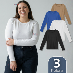 Pack 3 Camisetas Polar Polera Cuello Redondo Mujer Manga Larga Tela Acanalada Colores Surtidos