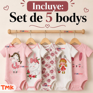 Pack 5 Bodys Manga Corta 100% Algodón Tedmimak Niña Pink Bunny