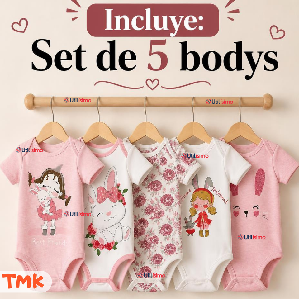 Pack 5 Bodys Manga Corta %100 Algodón Tedmimak Niña Pink Bunny