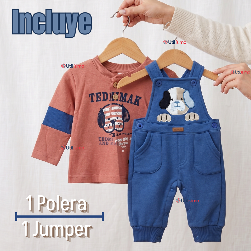 Conjunto 2 Piezas Jardinera Polera Manga Larga 100% Algodón Bebé Niño Jumper Tedmimak Adorable Puppy