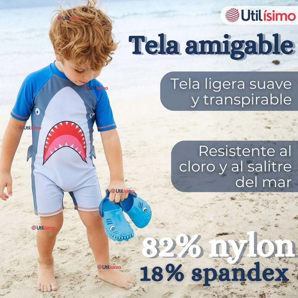 Traje de Baño Enterito Con Cremallera Manga Larga Niño 2 a 6 años Gray Shark