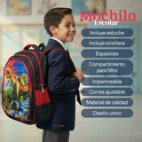 Mochila Escolar Con Ruedas Desmontables Diseño 3D + Estuche + Lonchera Niño Poliéster Dinosaur