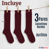 Pack 3 Calcetínes Escolares Largo Acrílico Burdeo Niñas Juvenil Color Vino