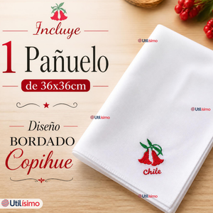 Pañuelo Baile Cueca 36cm Bordado Flor Copihue Algodón Fiestas Patrias