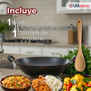 Wok Chino Acero Inoxidable Antiadherente 34cm+ Cuchara de Madera de Bambú