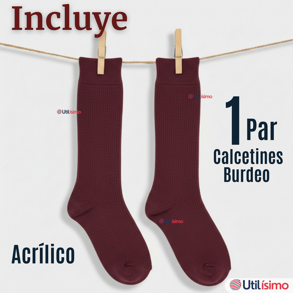 Calcetín Escolar Largo Acrílico Burdeo Niñas Juvenil Color Vino