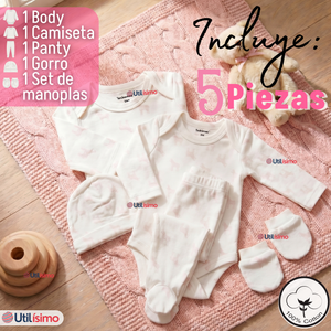 Conjunto Set 5 Piezas Body Camiseta Panty Gorro Manoplas Algodón Bebé Niña
