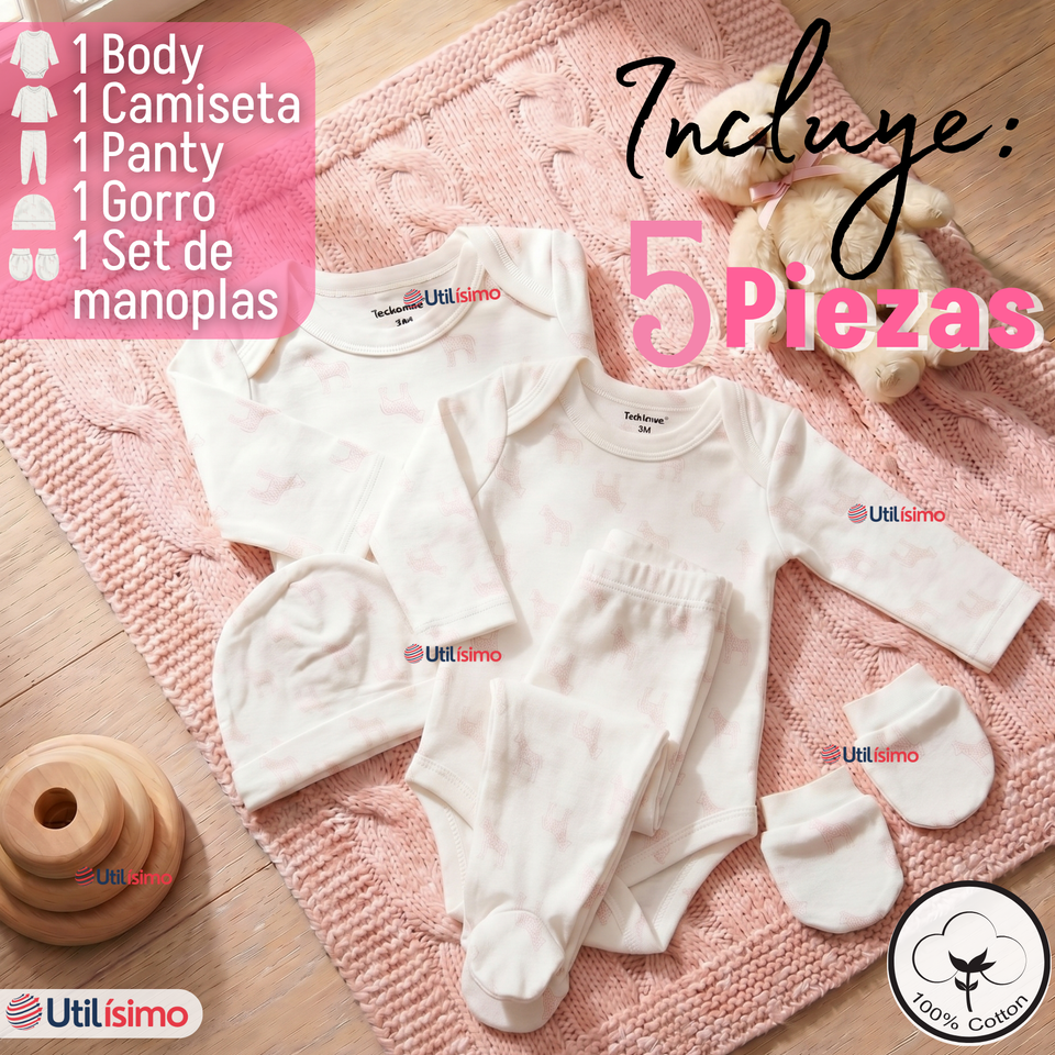 Conjunto Set 5 Piezas Body Camiseta Panty Gorro Manoplas Algodón Bebé Niña