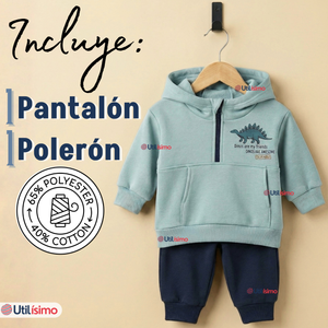 Conjunto 2 Piezas Buzo Pantalón Y Polerón Con Capucha Azul Dinosaurio Bebé Niño