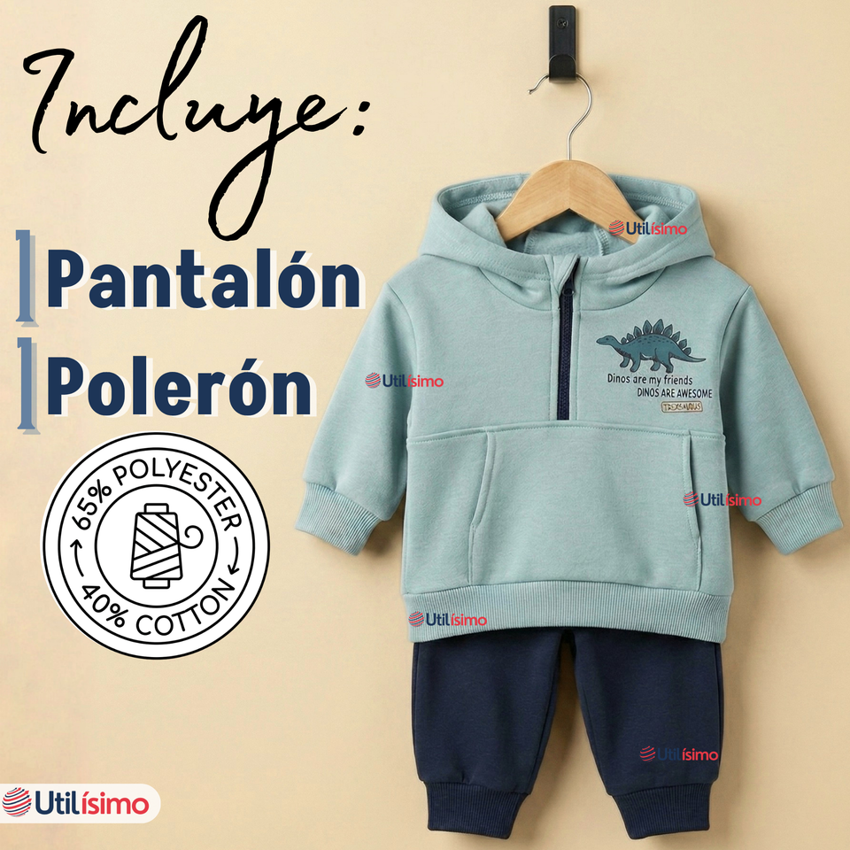 Conjunto 2 Piezas Buzo Pantalón Y Polerón Con Capucha Azul Dinosaurio Bebé Niño