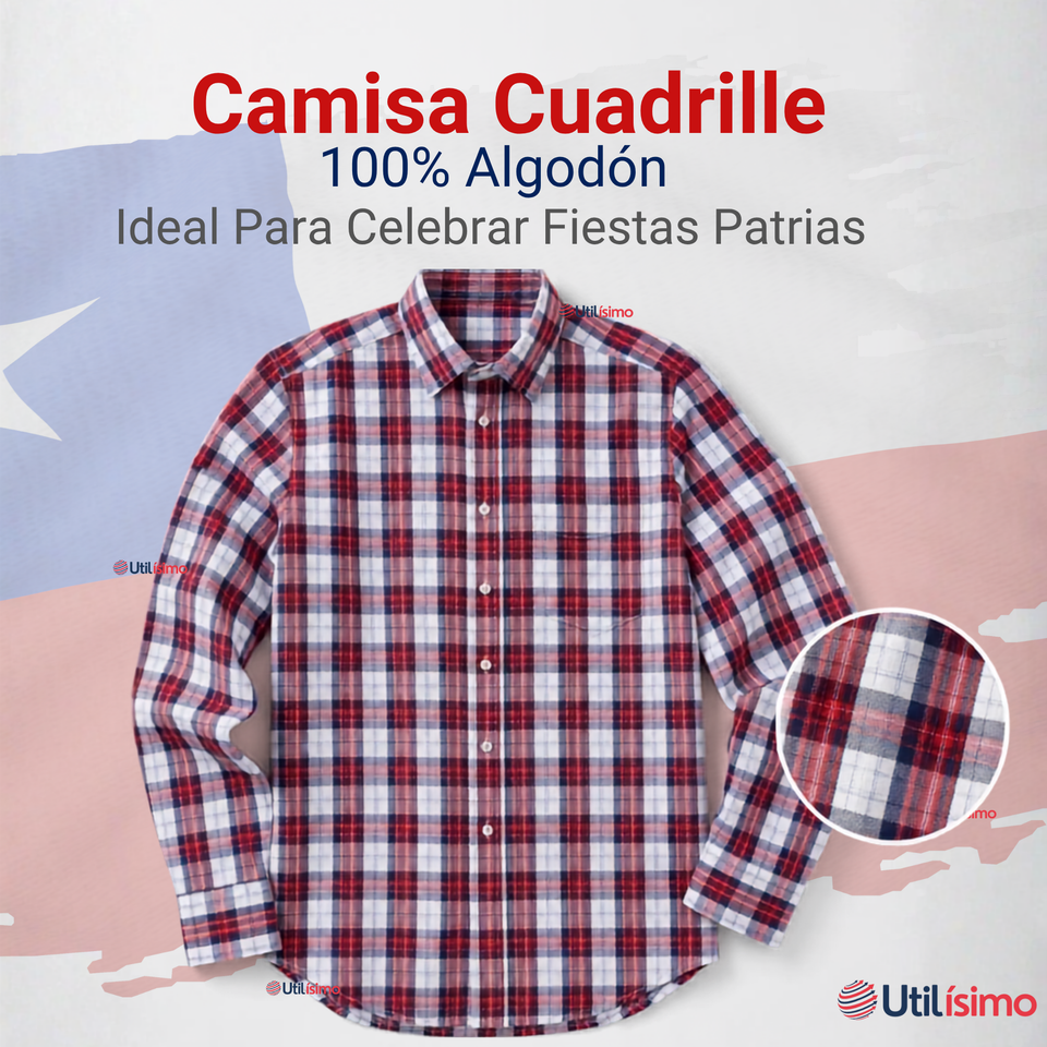 Camisa Huaso Cuadrillé Cuadro Manga Larga 100% Algodón Azul Blanco Casual