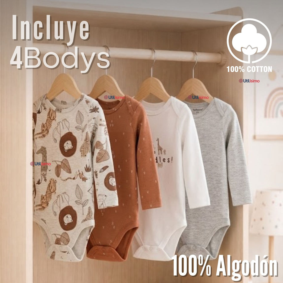 Pack 4 Bodys Manga Larga 100% Algodón Tedmimak Sweet Nature Bebé Niño