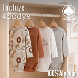Pack 4 Bodys Manga Larga 100% Algodón Tedmimak Sweet Nature Bebé Niño