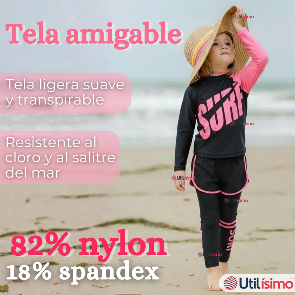 Traje de Baño Manga Larga Pantalón Largo Pantalón Corto 3 Piezas Corte Split Niña 3 a 11 años Black Surf