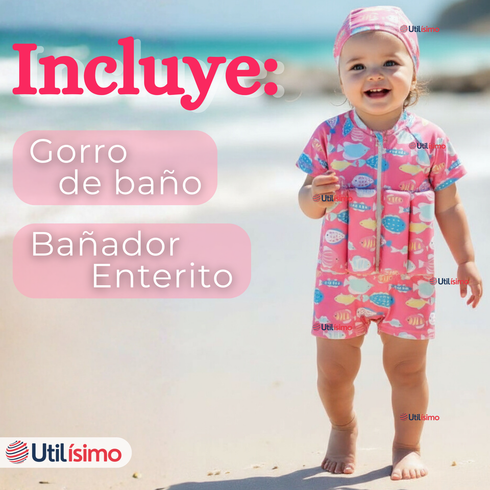 Traje de Baño Flotador Enterito Con Gorro Niña 2 Piezas 9 a 36 Meses Pink Sea