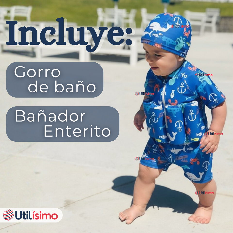 Traje de Baño Flotador Enterito Con Gorro Niño 2 Piezas 9 a 36 Meses Blue Sea