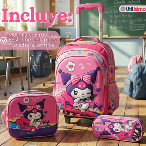 Mochila Escolar Kuromi 3D Con Ruedas Desmontable + Estuche + Lonchera Poliéster Rosa Niña