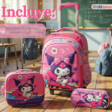 Mochila Escolar Kuromi 3D Con Ruedas Desmontable + Estuche + Lonchera Poliéster Rosa Niña