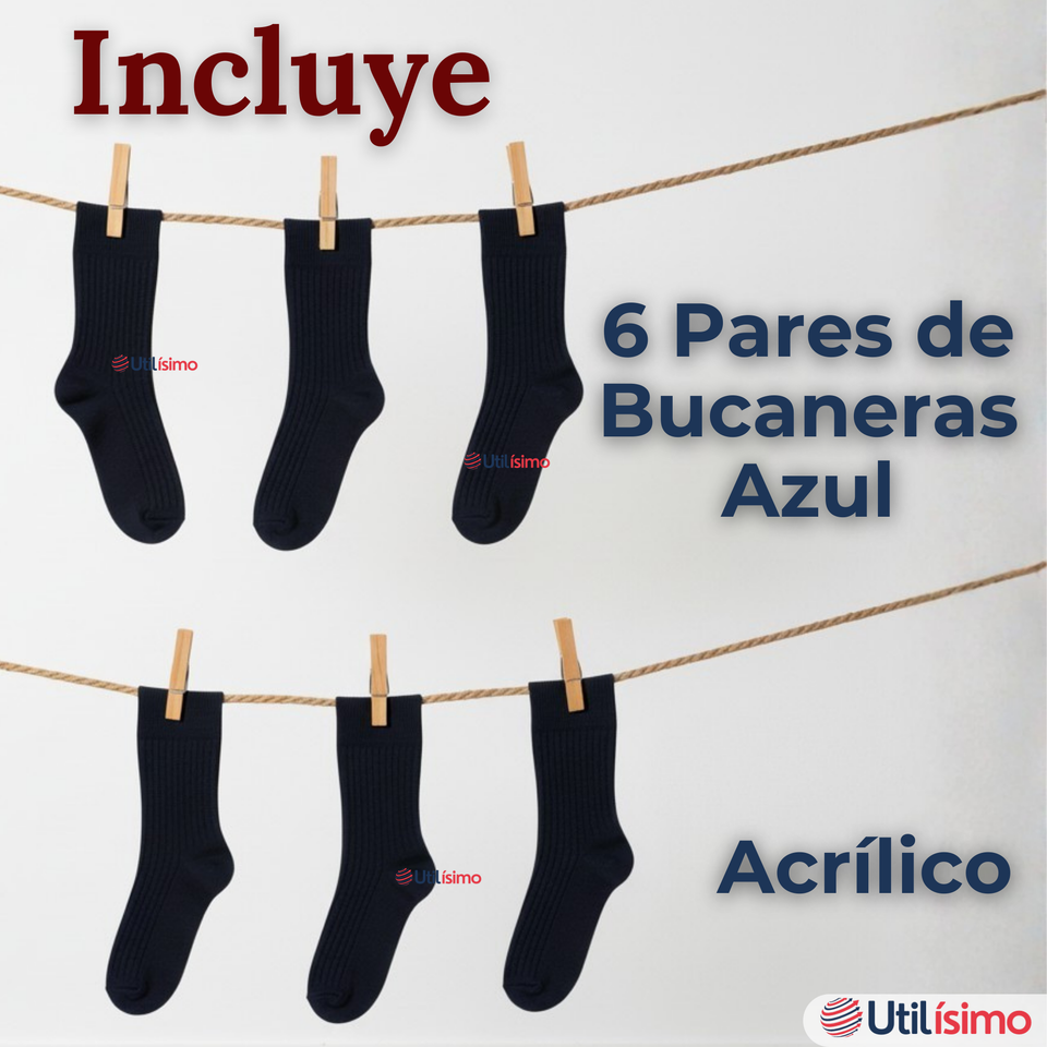 Pack 6 Bucaneras Escolares Calcetines Acrílico Azul Premium Niña y Juvenil