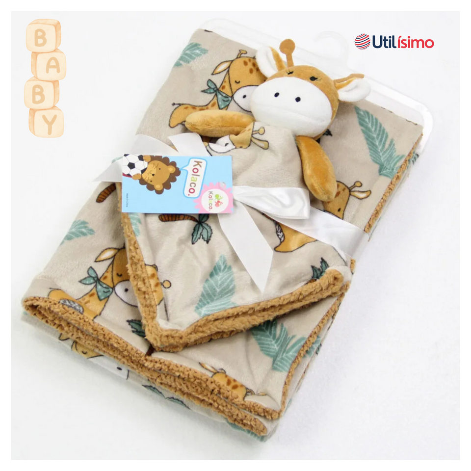 Set Manta Frazada Polar Para Bebé Niño + Peluche de Apego