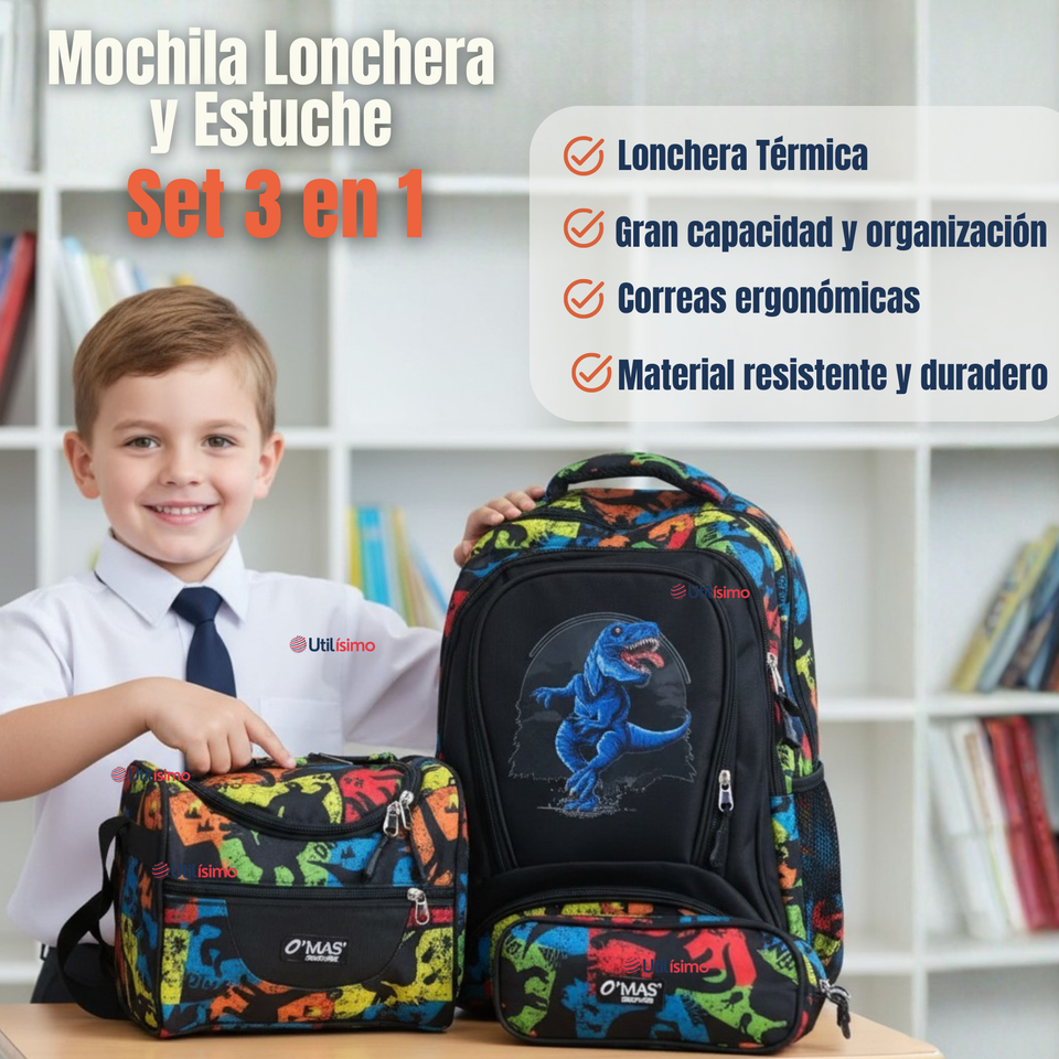 Mochila Escolar Kit Con Estuche y Lonchera 43cm Tela Oxford Dino Niño