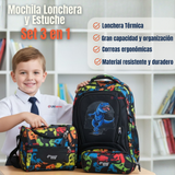 Mochila Escolar Kit Con Estuche y Lonchera 43cm Tela Oxford Dino Niño