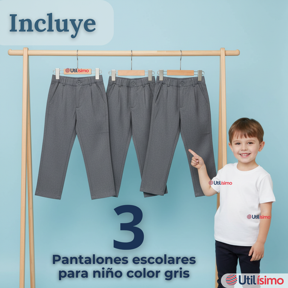 Pack 3 Pantalón Escolar Colegio Clásico Niño Gris