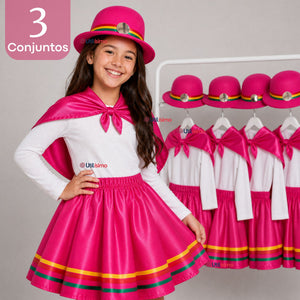 Pack 3 Trajes Nortinos Niña Fucsia 4 Piezas Con Poleras Baile Típico Fiestas Patrias