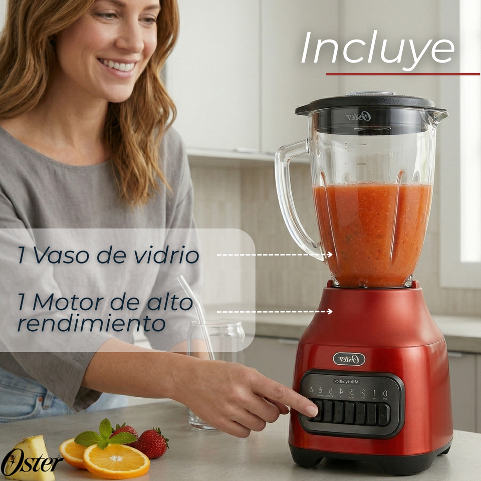 Licuadora Oster® con vaso de vidrio y 6 velocidades más pulso 800 Watts 1,5Litros
