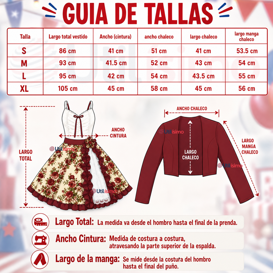 Vestido Chinita Huasa Mujer 2 Piezas Burdeo Floreado Cueca Fiestas Patrias