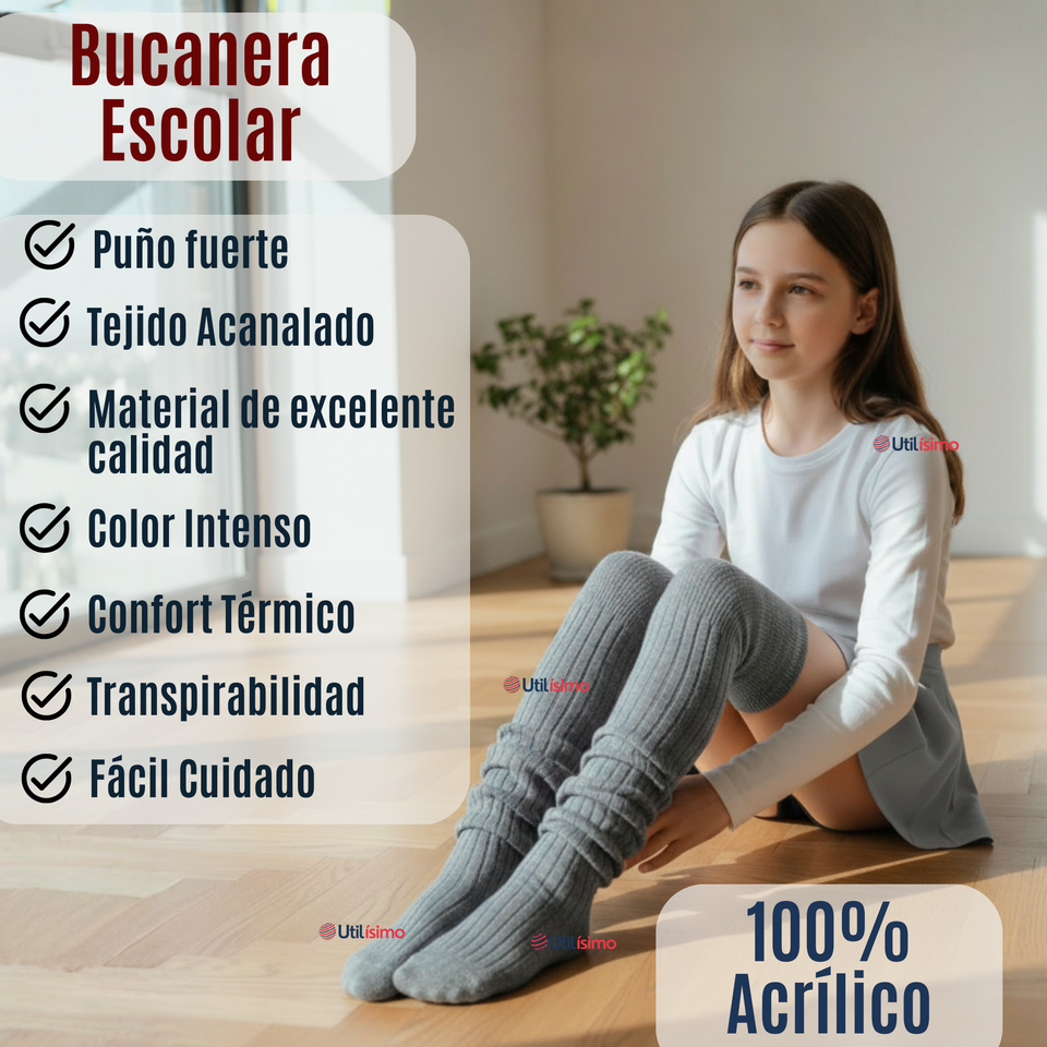 Pack 6 Bucaneras Escolares Calcetines Acrílico Gris Premium Niña y Juvenil