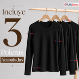 Pack 3 Camisetas Poleras Polar Primera Capa Acanalada Reductora Manga Larga Negra Mujer
