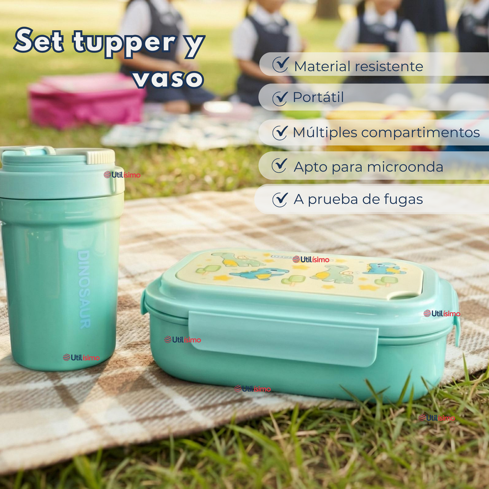 Set Fiambrera Tupper + Vaso Para Niños y Niñas Colores Varios Infantiles
