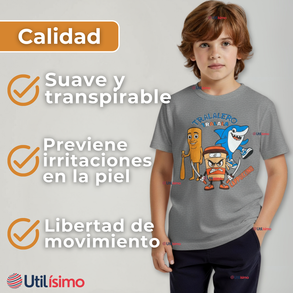 Polera Brainrots 100% Algodón Manga Corta Niño Tralalero Gris Claro
