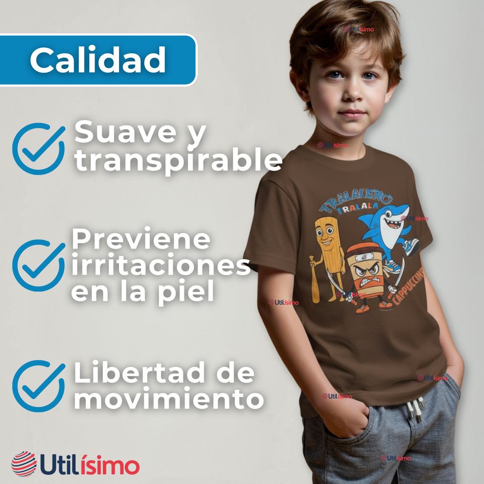 Polera Brainrots 100% Algodón Manga Corta Niño Tralalero Marrón