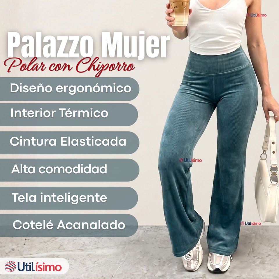 Pantalón Cotelé Palazzo Polar Con Chiporro Elasticado Térmico Verde Agua