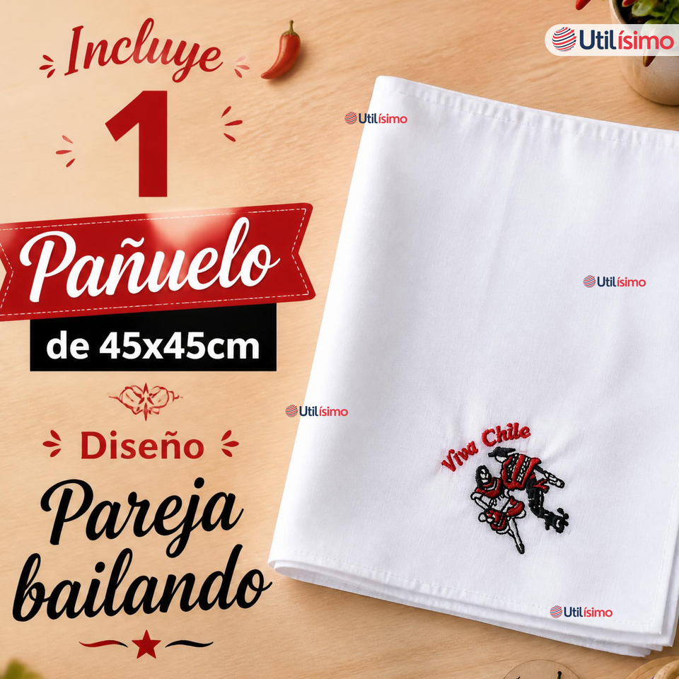 Pañuelo Baile Cueca 45cm Bordado Pareja Bailando Algodón Fiestas Patrias