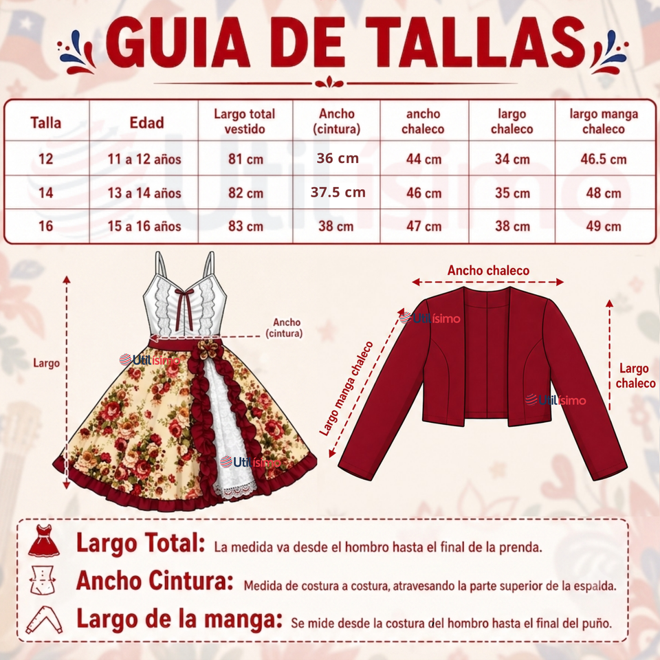 Vestido Chinita Huasa Juvenil 2 Piezas Burdeo Floreado Cueca Fiestas Patrias