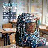Mochila Escolar Bolso Con Estuche 43Cm Tela Oxford Niño Design Geometric