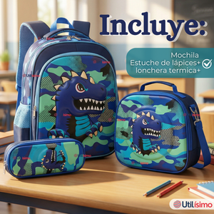 Mochila Escolar + Estuche + Lonchera 40cm Tela Oxford Azul Dinosaurio 3D Niño