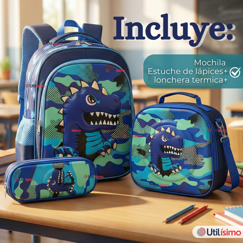 Mochila Escolar + Estuche + Lonchera 40cm Tela Oxford Azul Dinosaurio 3D Niño